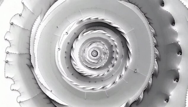 Conceptual journey into a monochrome spiraling fractal abyss, representing infinite recursion and futuristic technology