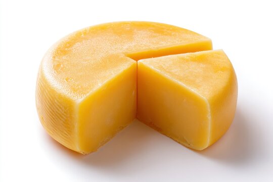 A round of yellow cheese with two wedgeshaped pieces removed sits on a white surface casting a subtle shadow