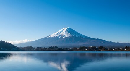 Majestic Mount Fuji Reflecting in Calm Lake on a Clear Day, Awe-Inspiring Japanese Scenery for Travel, Culture, and Serenity Concepts