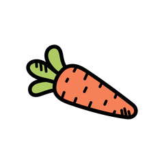 Isolated Orange Carrot Illustration with Green Leaves and Black Outline on Transparent Background