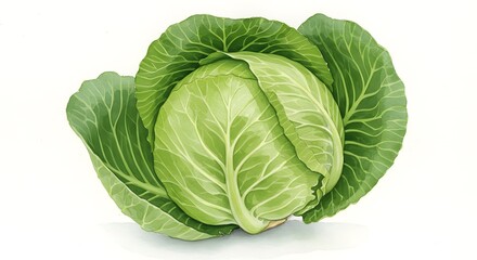 Fototapeta premium Fresh green cabbage head with vibrant leaves adds wholesome goodness to your design, perfect for healthy eating and farm-to-table concepts.