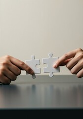 Connecting Puzzle Pieces: Two hands carefully align puzzle pieces, symbolizing unity, collaboration, and the process of finding solutions. Capturing the essence of teamwork and problem-solving.