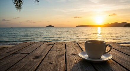 Serene Morning Brew by the Sea: A tranquil scene unfolds as a cup of coffee rests peacefully on a weathered wooden surface, overlooking the calm ocean as the sun ascends.