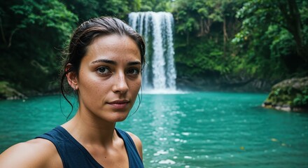 Obraz premium Self-Portrait in Paradise: A woman stands before a majestic waterfall, captured against the stunning natural backdrop of a vibrant rainforest setting.