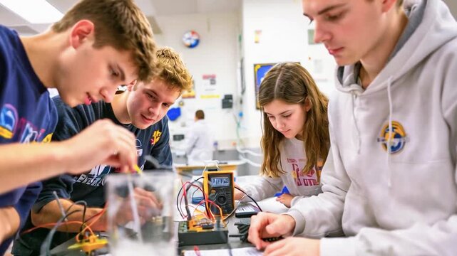 Students in a science lab conduct an experiment with wires, circuits, and a digital multimeter