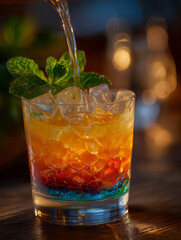 Craft Cocktail: A captivating cocktail, meticulously layered with vibrant colors and topped with fresh mint, as clear liquid pours into a glass filled with ice cubes.