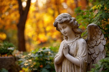 Fototapeta premium A stone angel statue is set amidst lush greenery with goldenhued blurred foliage in the background