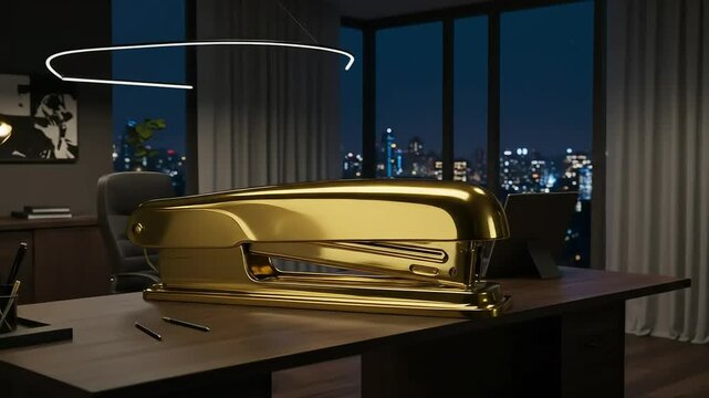 Golden stapler on modern desk at night