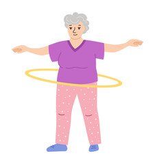 Elderly woman doing sports, hula hoop exercise for waist. Health exercise adult senora pensioner on rehabilitation. Active old lady character fitness gymnastics helpful cardio gym relaxation vector