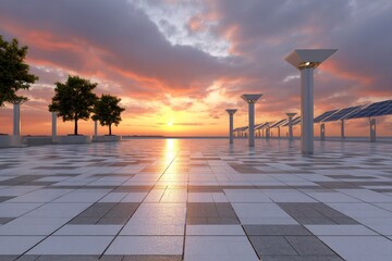 A sunlit tiled plaza featuring trees modern lamps and solar panels beneath a sunset sky