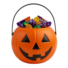 Full halloween jack o lantern bucket overflowing with colorful assorted candies isolated on transparent background