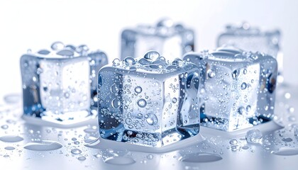 Close-up of Clear Sparkling Ice Cubes with Water Droplets on Light Background, Symbol of Coolness and Fresh Purity