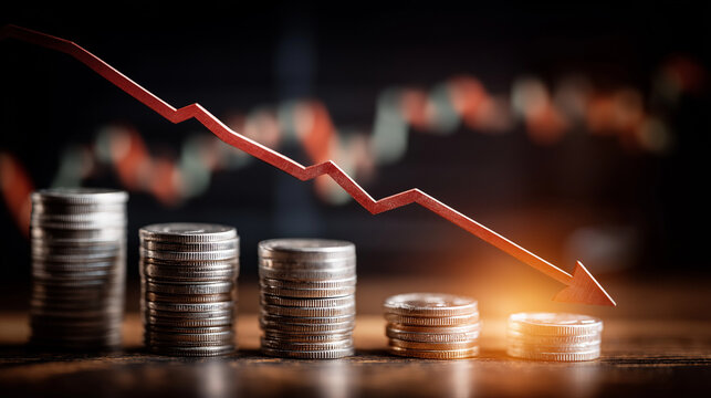 Economic Downturn: A visual representation of financial struggle, featuring stacks of coins diminishing in size as a red arrow plunges downward against a backdrop of fluctuating market data.