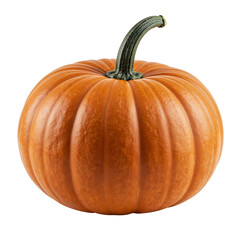 Single ripe orange pumpkin with green stem ready for autumn and halloween decorations isolated on transparent background