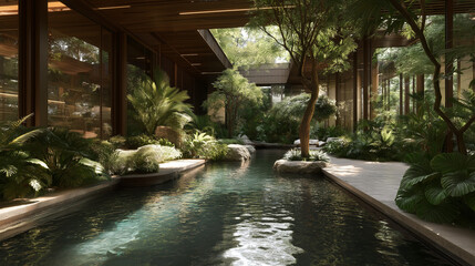 Harmony of architecture with nature: A tranquil long pool is embraced by lush garden, where architecture merges with nature, an outdoor oasis of serenity and balance.  