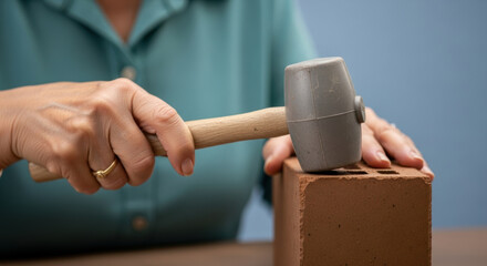 Closeup of woman's hands using rubber mallet to adjust clay brick during home improvement project person carefully aligns rectangular construction material on wooden table
