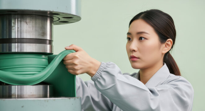 Focused female engineer testing tensile strength of flexible green material using hydraulic press machine in modern laboratory for quality control and product development