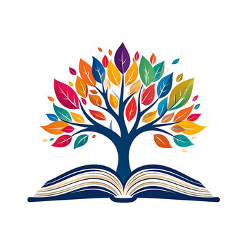 A vibrant tree with colorful leaves flourishes from an open book on a black background