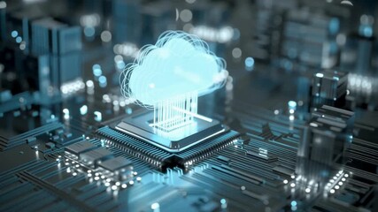 Glowing Digital Cloud Icon Rising from a CPU Chip on a Futuristic Circuit Board for Big Data - Powered by Adobe