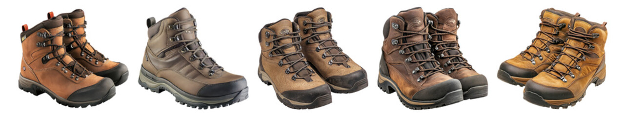 Collection of Outdoor Hiking Boots for Adventurous Terrain Gear, Isolated on Transparent, white background
