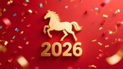 Golden horse symbol with 2026 text on red background celebrating fe...