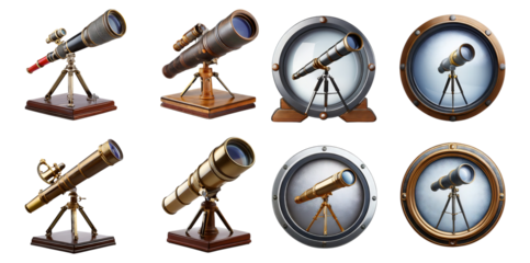 Elegant Vintage Telescopes with Beautiful Designs and Details, Isolated on Transparent, white background