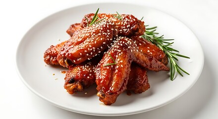 Savory Chicken Wings Garnished with Rosemary and Sesame Seeds on White Plate