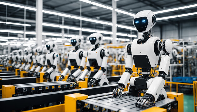 an advanced humanoid robot is ready for the next stage of production on a factory assembly line surrounded by identical models.