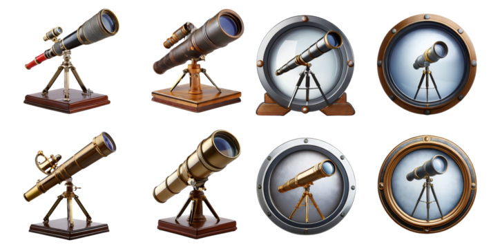 Elegant Vintage Telescopes with Beautiful Designs and Details, Isolated on Transparent, white background