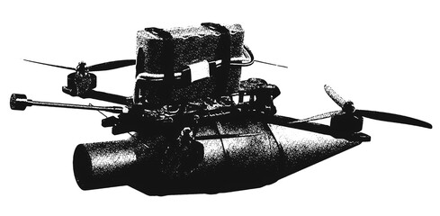 FPV Racing Drone. Configuration for launching anti-armor charges. Transparent Halftone Background. R1001