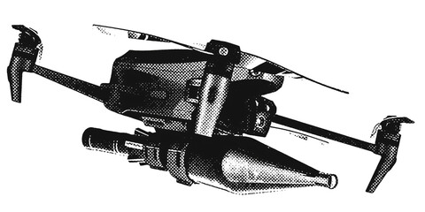 FPV Racing Drone. Configuration for launching anti-armor charges. Transparent Halftone Background. R1001