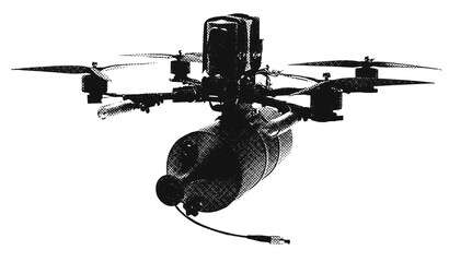 FPV Racing Drone. Configuration for launching anti-armor charges. Transparent Halftone Background. R1001