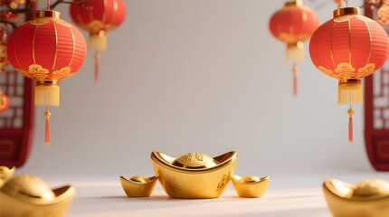 Happy Chinese New Year 2026 with traditional lanterns and gold ingots