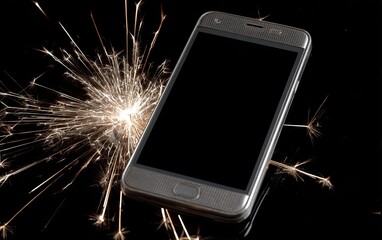 Silver phone with black screen sits beside a burst of glowing sparks on black