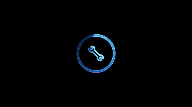 Blue glowing wrench icon inside a circular frame on a black background spanner tool