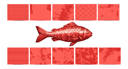 Stylized red fish with textured squares arranged above and below it