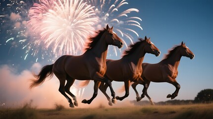 Galloping steeds under the brilliant fireworks