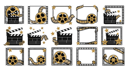 Collection of movie themed frames with reels clapperboards and stars