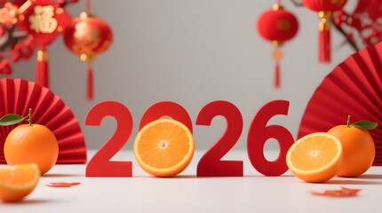 Happy chinese new year 2026 with oranges and red decorations