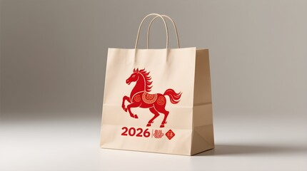Beige shopping bag mockup featuring red fire horse celebrating 2026...