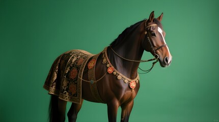 Horse in Ornate Renaissance Attire Against Green Backdrop