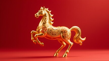 Golden Ornamental Horse on Red Background Chinese New Year 2026 Yea...