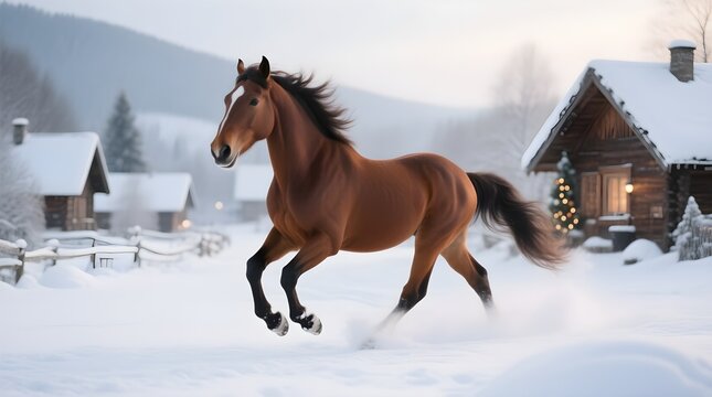 Christmas Horse Running in Snowy Village