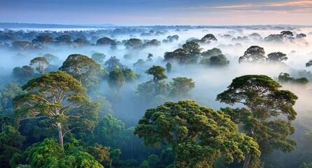 Lush green treetop canopy shrouded in mist, under a soft, hazy sky at dawn