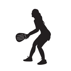 Black silhouette of a woman playing padel or tennis with a racket with a forehand shot