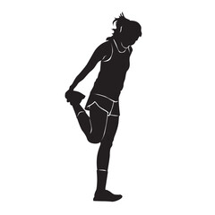 Black flat vector of a woman doing quadriceps stretching exercise with her head down