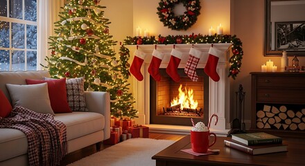 A christmas living room with tree fireplace and festive decor