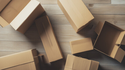 Neatly stacked package boxes with shipping labels, representing efficient e-commerce logistics on wooden surface.