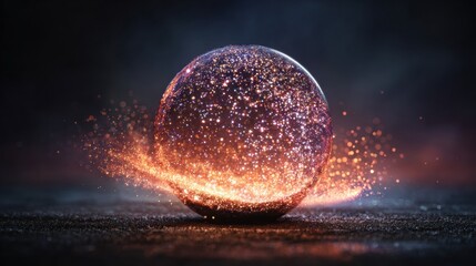 Colorful Glowing Sphere With Sparkling Particles Floating in Dark Space Creating a Magical Atmosphere at Night
