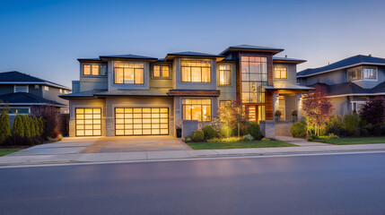 Fototapeta premium Contemporary house at dusk with warm interior lights, peaceful residential setting and soft focus.